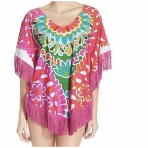 Trina Turk Womens Fringed Swim Coverup Sz Small Colorful Artsy Resortwear Beachy